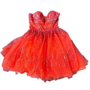 Terani Neon Orange Sequined Strapless Mini Babydoll Homecoming Dress 0